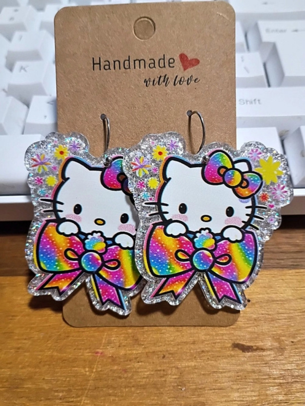 Hello Kitty-Inspired Colorful Rainbow Silver Glitter Earrings